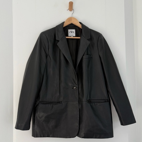 Zara viral black vegan leather long blazer jacket - Large - Picture 2 of 6
